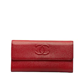 Chanel-Carteira Longa Chanel CC Caviar Couro Vermelho-Vermelho
