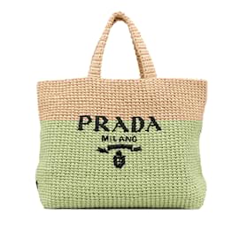 Prada-Tan Prada Raffia Logo Tote Bag-Camel