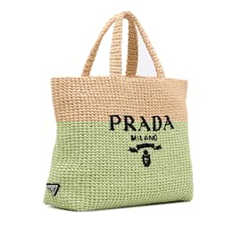 Prada-Tan Prada Raffia Logo Tote Bag-Camel