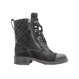 Chanel-Black Chanel Quilted Suede Cap-Toe Combat Boots Size 35-Black