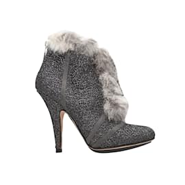 Christian Dior-Silver & Grey Christian Dior Fur-Trimmed Heeled Booties Size 38.5-Silvery