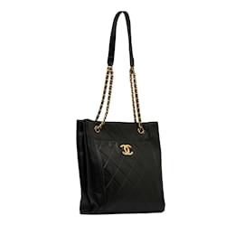 Chanel-Schwarze Chanel CC-Einkaufstasche aus Kalbsleder mit Vordertasche-Schwarz