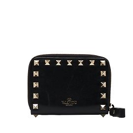 Cartera pequeña de cuero con cremallera alrededor Valentino Rockstud negra Negro