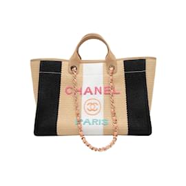 Chanel-Beige & Multicolor Chanel Striped Logo Tote Bag-Beige