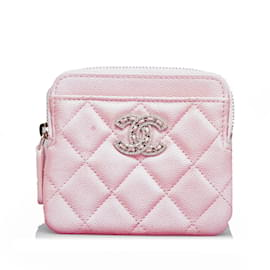 Chanel-Pink Chanel Caviar CC Crystal Woven Square Zip Around Card Holder-Pink