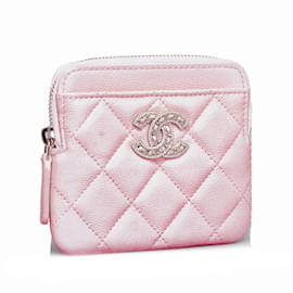 Chanel-Porta carte con cerniera quadrata intrecciata in cristallo rosa Chanel Caviar CC-Rosa
