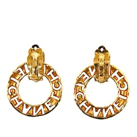 Chanel-Gold Chanel Vintage Cut-Out Logo Ring Drop Clip-On Earrings-Golden