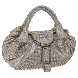 Fendi-FENDI Spy Hand Bag Leather Silver Auth 56875-Silvery