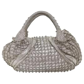 Fendi-FENDI Spy Hand Bag Leather Silver Auth 56875-Silvery