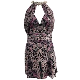 Autre Marque-Roberto Cavalli black / Purple Print Silk Halter Dress-Black