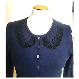 Parosh Short Jacket Navy Blue Cotton with Beads Navy blue
