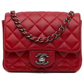 Chanel-Chanel Mini patta quadrata classica in pelle di agnello rossa-Rosso
