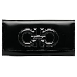 Salvatore Ferragamo-Ferragamo Black Gancini Patent Lether Long Wallet-Black