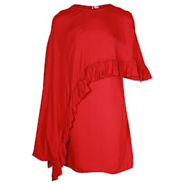 Valentino Garavani-Valentino Spa Asymmetric Ruffle Cape Dress in Red Viscose-Red