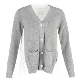 Cardigã Sacai Plissado nas Costas em Lã Cinza e Algodão Branco Cinza