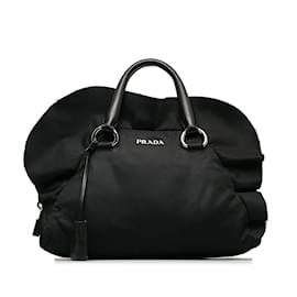 Prada-Prada Tessuto Ruffle Handbag Canvas Handbag BL0546 em boa condição-Preto