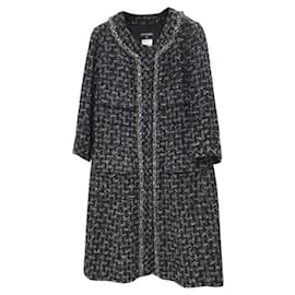 Chanel-Chanel 13Ein schwarzgraues Tweed-Mantel-Jacken-Kleid-Oberteil mit Kettenbesatz-Anthrazitgrau
