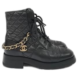 Chanel-Chanel Black CC Shiny Lace Up Combat Boots-Black