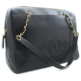 Chanel-CHANEL Caviar Big Large Chain Shoulder Bag Black Leather Gold Zip-Black