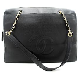 Chanel-CHANEL Caviar Big Large Chain Shoulder Bag Black Leather Gold Zip-Black