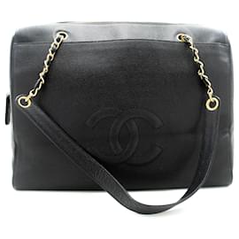 Chanel-CHANEL Caviar Big Sac à bandoulière à grande chaîne en cuir noir Zip doré-Noir