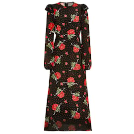 Autre Marque-Rodarte Negro / Vestido midi de seda con estampado de rosas y volantes rojos-Negro