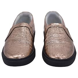 Lanvin-Lanvin Metallic Snakeskin-Embossed Slip-On Sneakers in Gold Leather-Golden,Metallic
