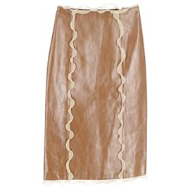 Fendi-Fendi Jupe Crayon à Volants En Soie En Cuir Craquelé Marron-Marron