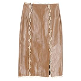 Fendi-Fendi Jupe Crayon à Volants En Soie En Cuir Craquelé Marron-Marron