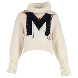 Moncler-Moncler Suéter inicial com gola alta e logotipo em acrílico creme-Branco,Cru