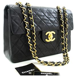 Chanel-CHANEL Classique Grand 13" Sac Bandoulière à Rabat Chaîne Cuir d'Agneau Noir-Noir