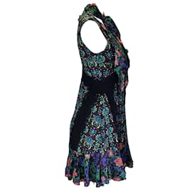 Autre Marque-Prabal Gurung Black Multi Printed Lace Trimmed Tie-Neck Silk Dress-Multiple colors