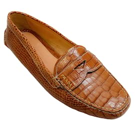 Prada-Prada Tan Crocodile Driving Loafers-Brown
