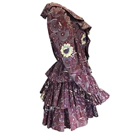 Autre Marque-Ulla Johnson Burgundy Multi Lola Heliotrope Print Ruffled Mini Dress-Dark red