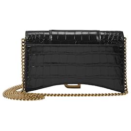 Balenciaga-Hour Wallet Bag in Black Patent Crocodile Effet Leather-Black