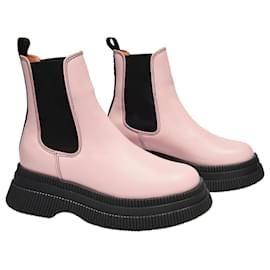 Ganni-Creepers Ankle Boots in Pink Leather-Pink