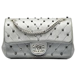 Chanel-Chanel Silver Small Studded Chevron Flap-Silvery