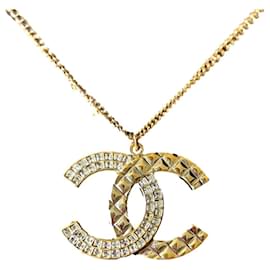 Chanel-CC B17C Logo Aged gold GHW crystal Necklace in box tag-Golden