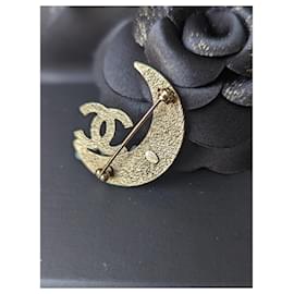 Chanel-CC 08P Crescent Moon Crystal Logo GHW Brooch RARE-Golden
