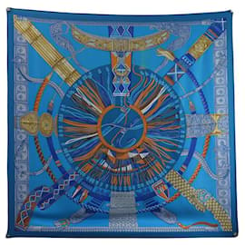 Hermès-NEW HERMES SCARF BOURTHOUMIEUX SILK BELTS AND LINKS BLUE SQUARE SCARF-Blue