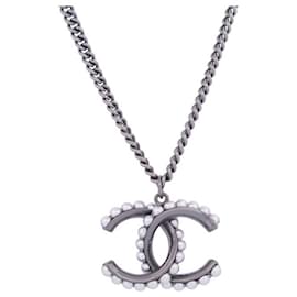 Chanel-NEW CHANEL NECKLACE CC LOGO PENDANT METAL BEADS RUTHENIUM NECKLACE-Silvery