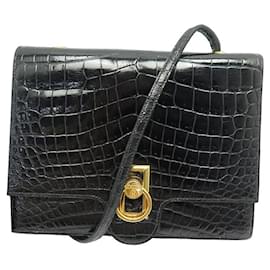 Hermès-VINTAGE HERMES EX LIBRIS HANDBAG IN BLACK CROCODILE LEATHER CROC HAND BAG PURSE-Black