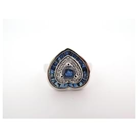 Autre Marque-NEW HEART T WHITE GOLD RING59 SAPPHIRE SET BAGUETTE DIAMOND SAPPHIRE RING-Silvery