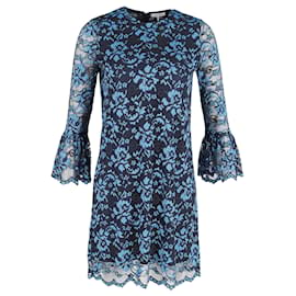 Ganni-Ganni Lace Sleeve Floral Dress in Blue Polyester-Blue