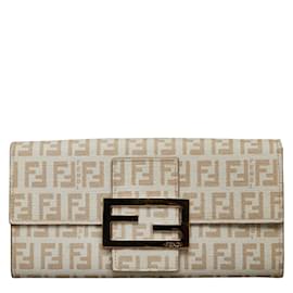 Fendi-Carteira Fendi Zucchino Canvas Flap Carteira longa de lona em bom estado-Marrom