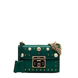 Gucci-Leather Faux Pearl Stud Padlock Shoulder Bag 432182-Green