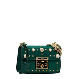 Gucci-Leather Faux Pearl Stud Padlock Shoulder Bag 432182-Green