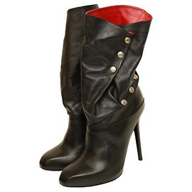 Alexander McQueen Black leather round toe high heel ankle boots red interior  40 Black