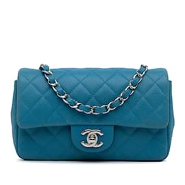 Chanel-Bolsa Chanel Mini Classic Caviar Azul Retangular com Aba Única Crossbody-Azul