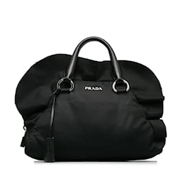 Prada-Black Prada Tessuto Ruffle Trim Bowler Bag-Black